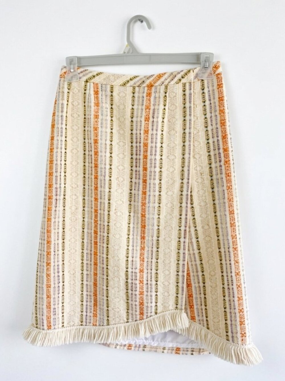 NWOT VTG Madawaska Weavers Hand Woven Wool Fringe Wrap Skirt Sz 6 Oatmeal Multi